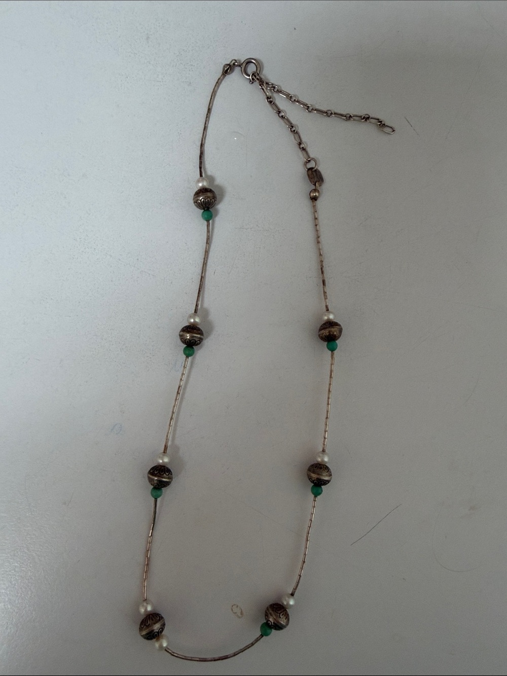 Signed Sterling Delicate Green turquoise and Silver Beaded Women's Necklace